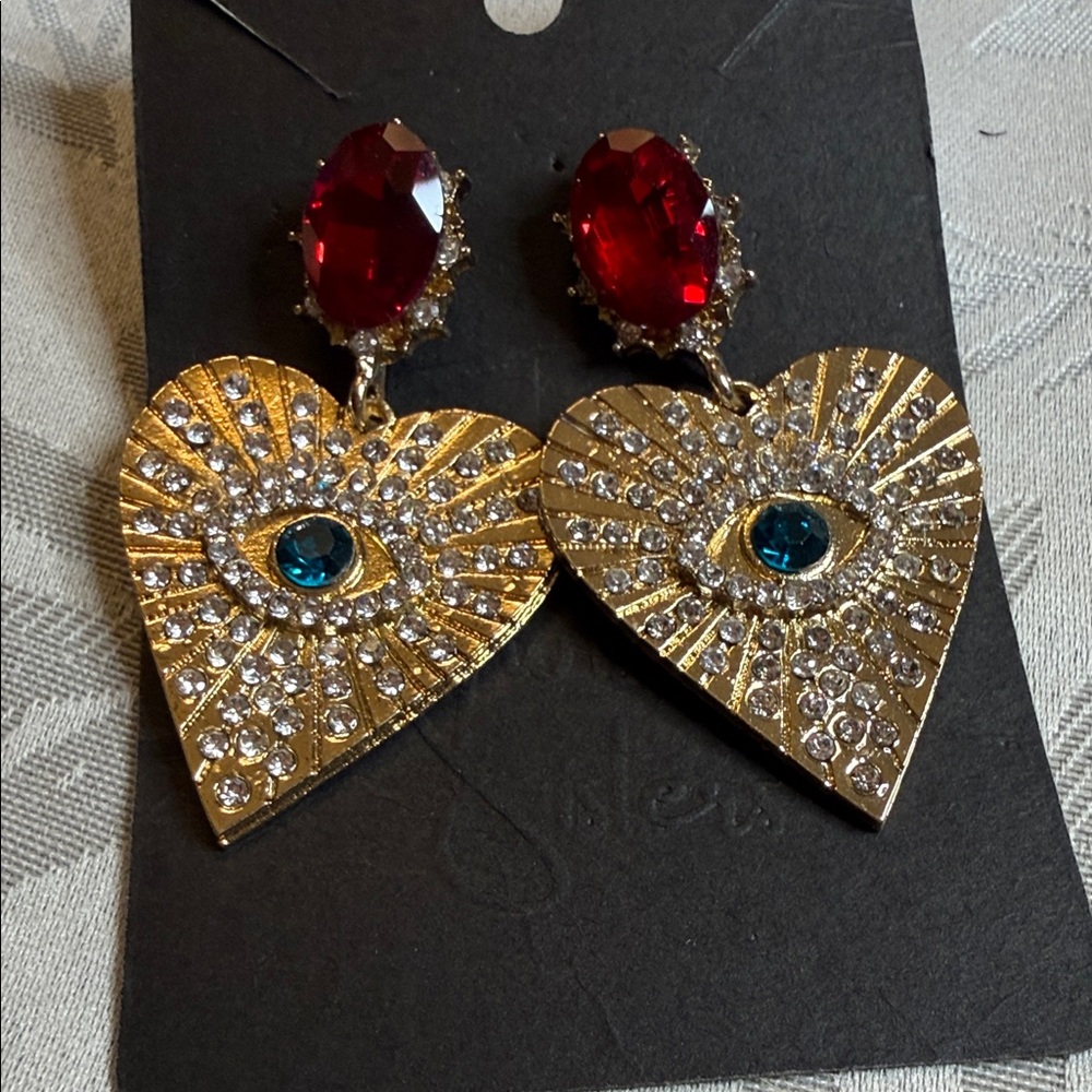 Gold Heart Evil Eye Drop Earrings with Red and Blue Crystals